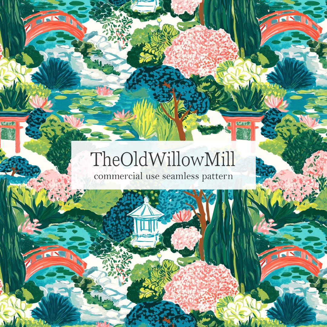 Seamless Japanese Garden Pattern, Painterly Japan Seamless Pattern ...