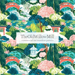 May include: Seamless pattern featuring a vibrant Japanese garden scene. The design includes red bridges, pagodas, and lush greenery with pink and white flowers. The text "TheOldWillowMill commercial use seamless pattern" is displayed.