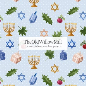 May include: A seamless pattern featuring Hanukkah symbols like menorahs, dreidels, and Stars of David, along with gift boxes and holly leaves, on a light blue background with white polka dots. The text "TheOldWillowMill" is also present.