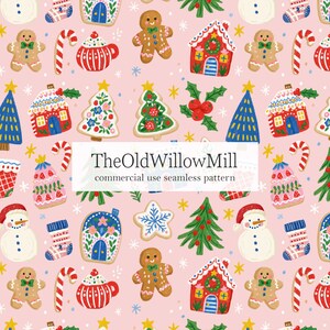 May include: A seamless pattern on a light pink background featuring illustrations of gingerbread people, candy canes, decorated houses, Christmas trees, snowmen, stockings, and holly berries. The text reads TheOldWillowMill commercial use seamless pattern.