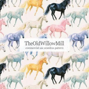 May include: A seamless pattern featuring watercolour-style horses in various colours including black, white, pink, yellow, and blue on a light cream background. The text TheOldWillowMill commercial use seamless pattern is centred in a white box.