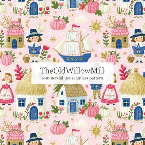 Puede incluir: Un patrón continuo sobre un fondo rosa claro con ilustraciones de casas pequeñas, figuras con ropa de estilo colonial, calabazas y barcos de vela. El texto TheOldWillowMill commercial use seamless pattern está centrado.