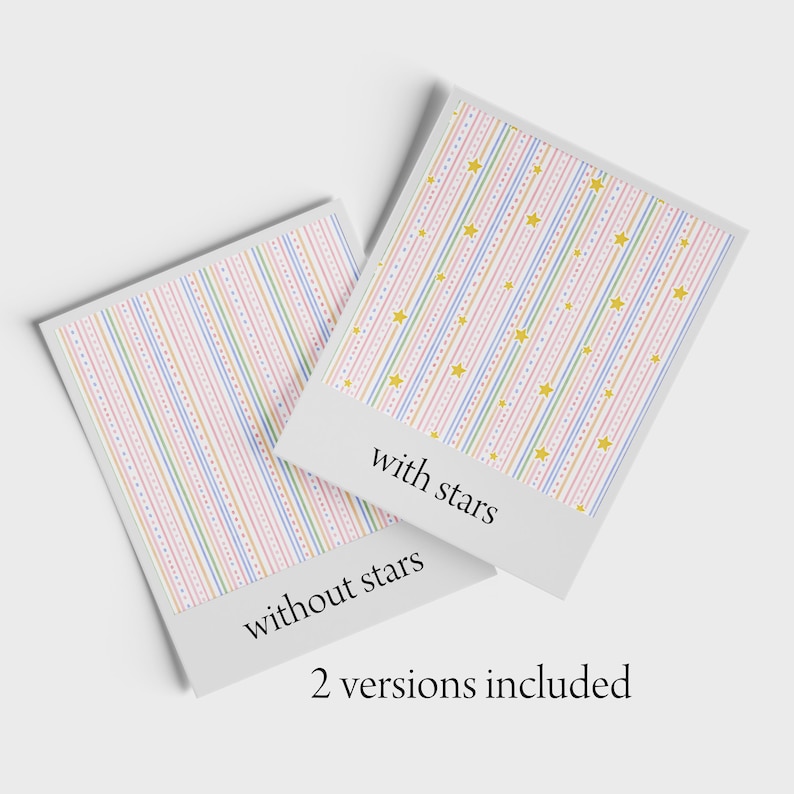 Puede incluir: Dos tarjetas rectangulares con un patr&oacute;n de rayas verticales en rosa, azul y amarillo pastel. Una tarjeta muestra el texto 'with stars' bajo un patr&oacute;n de estrellas amarillas sobre las rayas, mientras que la otra muestra 'without stars' sobre un fondo rayado.