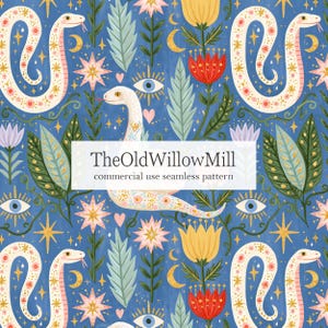May include: A seamless pattern featuring white snakes with pink and gold markings, yellow and red flowers, green leaves, blue eyes, and gold stars on a blue background. The text reads TheOldWillowMill commercial use seamless pattern.