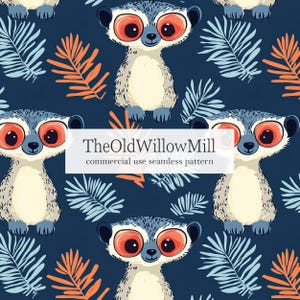 Puede incluir: Patrón sin costuras con lémures de dibujos animados con grandes ojos anaranjados y detalles azules, sobre un fondo azul oscuro con follaje azul y naranja. Se muestra el texto "TheOldWillowMill commercial use seamless pattern".