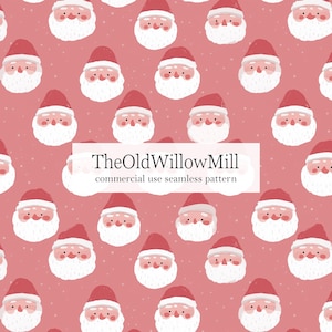 May include: Seamless pattern featuring Santa Claus faces with red hats and white beards on a pink background. The pattern includes small white dots. The text "TheOldWillowMill commercial use seamless pattern" is displayed.