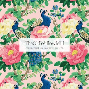 May include: Seamless pattern featuring blue peacocks, pink and yellow flowers, and green foliage on a light pink background. The text "TheOldWillowMill commercial use seamless pattern" is displayed in a white rectangle.