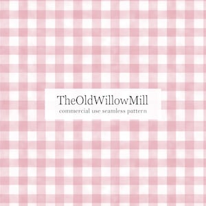 Può includere: Motivo senza cuciture a quadri rosa e bianchi. Il motivo è una griglia ripetitiva di quadrati, con un effetto acquerello. Il testo "TheOldWillowMill commercial use seamless pattern" è visualizzato in un rettangolo bianco.