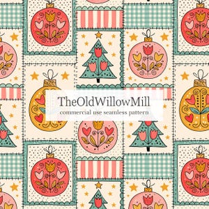 May include: A seamless pattern featuring a grid of illustrated Christmas ornaments and trees in red, pink, yellow, and teal. The design includes text reading TheOldWillowMill commercial use seamless pattern over the center.