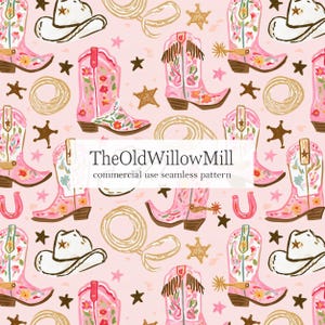 May include: A seamless pattern on a light pink background featuring illustrations of pink floral cowboy boots, white cowboy hats, coiled lassos, brown stars, and pink horseshoes. The text TheOldWillowMill commercial use seamless pattern is centered.