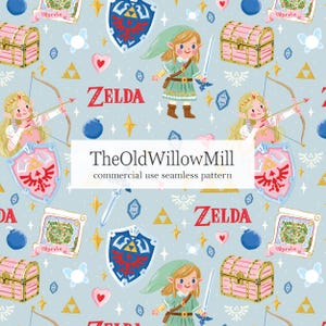 May include: A seamless pattern on a light blue background featuring cartoon illustrations of Link, Zelda, treasure chests, shields, swords, bows, arrows, hearts, and maps. The text TheOldWillowMill commercial use seamless pattern is centered.