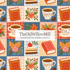 Peut inclure: Un motif répétitif composé de carrés illustrant des livres, des tasses de café, des compositions florales, des feuilles d'automne et une part de gâteau aux fraises. Le texte TheOldWillowMill commercial use seamless pattern est centré.