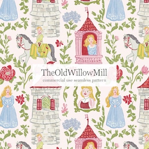 Pode incluir: Um padrão sem costura com ilustrações de contos de fadas em um fundo rosa claro. O design inclui princesas, castelos, cavalos e elementos florais. O texto "TheOldWillowMill commercial use seamless pattern" também está presente.