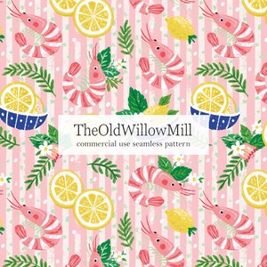 seamless lemon shrimp pattern, cute seafood digital pattern, marine fabric design, ocean animals background, shrimp seamless seafood file