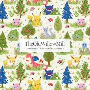 May include: A seamless pattern featuring various cartoon creatures, trees, and spherical devices on a cream background. The text TheOldWillowMill commercial use seamless pattern is centered in a white rectangular overlay on the image.