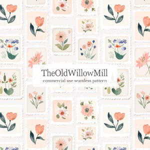 Peut inclure: Motif floral continu, avec des illustrations de fleurs variées, notamment des tulipes et des marguerites, dans un style de timbre-poste. Les timbres sont dans des tons pêche, rose et bleu, avec des feuilles vertes. Le texte "TheOldWillowMill" est visible.
