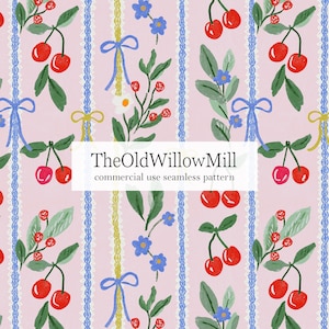 May include: A seamless pattern on a light pink background featuring vertical blue and yellow lace-like stripes, red cherries on green stems, small blue flowers, and blue and yellow bows. The text reads TheOldWillowMill commercial use seamless pattern.