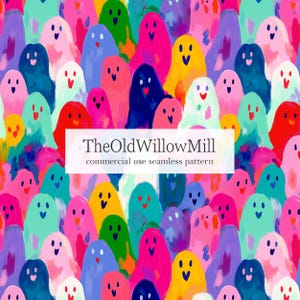 Op de afbeelding: Een levendig, naadloos patroon met een veelvoud aan kleurrijke spookachtige figuren. Het ontwerp bevat een verscheidenheid aan tinten, zoals roze, blauw, geel en groen. De tekst "TheOldWillowMill commercial use seamless pattern" is zichtbaar.