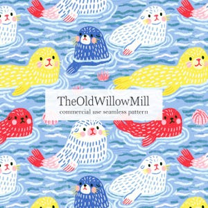 May include: Seamless pattern featuring cartoon seals in various colors, including yellow, red, blue, and white, swimming in blue water. The text "TheOldWillowMill commercial use seamless pattern" is displayed.