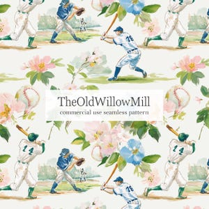 May include: Watercolor seamless pattern featuring baseball players in action, baseballs, and floral elements in pink and blue. The text "TheOldWillowMill" and "commercial use seamless pattern" are also visible.
