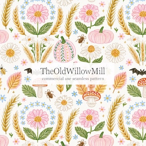 May include: A seamless pattern featuring pink flowers, white daisies, golden wheat stalks, pink pumpkins, mushrooms, small brown beetles, and black bats on a white background. The text TheOldWillowMill commercial use seamless pattern is centered.