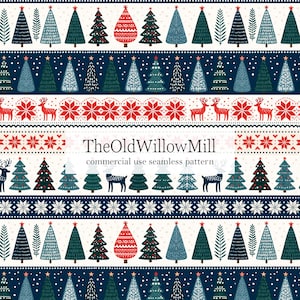 May include: A seamless digital pattern featuring rows of stylized Christmas trees, reindeer, and geometric snowflakes in red, dark blue, and white. The text TheOldWillowMill commercial use seamless pattern is centered over the design.