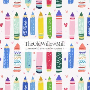 May include: A seamless pattern featuring hand-drawn colored pencils in various shades of blue, green, yellow, pink, and red, decorated with stripes, dots, and leaf motifs, interspersed with small hearts and the text TheOldWillowMill commercial use seamless pattern.
