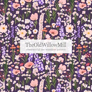 dark wildflower seamless pattern, pink summer flower meadow digital file, printable fabric design, whimsical purple floral background tile