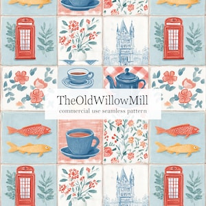 May include: Seamless pattern featuring a collage of illustrations. Includes red telephone booths, teacups, flowers, fish, and architectural drawings. The text "TheOldWillowMill commercial use seamless pattern" is also present.
