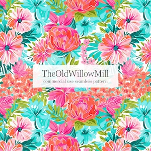 May include: A vibrant floral pattern featuring large blooms in shades of pink, coral, and turquoise against a white background. The design includes the text "TheOldWillowMill" and "commercial use seamless pattern".