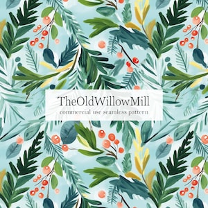 May include: A repeating botanical pattern with green leaves, orange berries, and yellow details on a pale blue backdrop. The text "TheOldWillowMill commercial use seamless pattern" is displayed in a white rectangle.