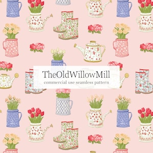 May include: A seamless pattern featuring garden elements like watering cans, rain boots, and vases filled with flowers. The design includes red, pink, and yellow roses, tulips, and other blooms on a light pink background. The text "TheOldWillowMill" is also present.