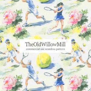 May include: Watercolor seamless pattern featuring tennis players, tennis balls, and pink flowers. The text "TheOldWillowMill commercial use seamless pattern" is displayed in a white rectangle. The design has a light yellow background.