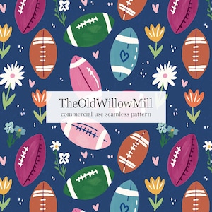 May include: Seamless pattern featuring colorful footballs in shades of pink, green, orange, and blue, interspersed with flowers and hearts on a navy blue background. The text "TheOldWillowMill commercial use seamless pattern" is displayed.