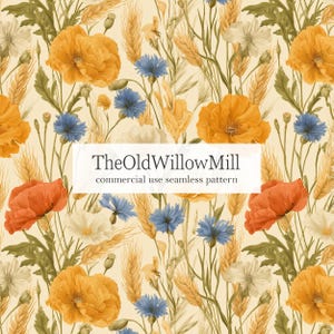 Könnte beinhalten: Ein nahtloses Muster mit orangefarbenen und roten Mohnblumen, blauen Kornblumen und goldenen Weizenähren auf cremefarbenem Grund. Ein weißes rechteckiges Feld in der Mitte zeigt den Text TheOldWillowMill commercial use seamless pattern.