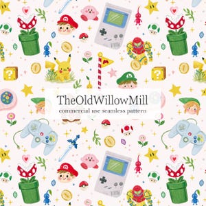May include: A seamless pattern featuring illustrations of video game characters, handheld consoles, controllers, gold coins, and piranha plants on a light background. The text TheOldWillowMill commercial use seamless pattern is centered.