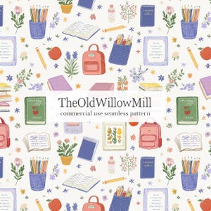 May include: A seamless pattern featuring illustrations of school supplies including red backpacks, blue pencil holders with colored pencils, open books, green hardcover books, potted plants, apples, and framed art on a light cream background.