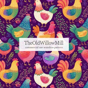 May include: A seamless pattern featuring colorful illustrations of chickens and floral elements on a dark purple background. The chickens are depicted in various colors, including yellow, green, and pink. The text "TheOldWillowMill commercial use seamless pattern" is visible.