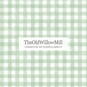 May include: A seamless pattern featuring a light green and white gingham design. The pattern is a repeating grid of squares, creating a classic and versatile aesthetic. The text "TheOldWillowMill commercial use seamless pattern" is displayed.