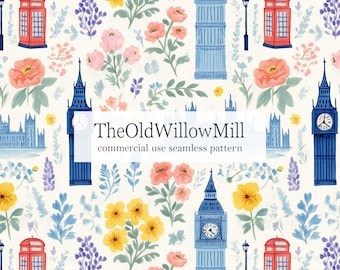 May include: Seamless pattern featuring iconic London landmarks like Big Ben and red telephone boxes, interspersed with floral elements in shades of pink, yellow, and blue. The text "TheOldWillowMill commercial use seamless pattern" is also visible.