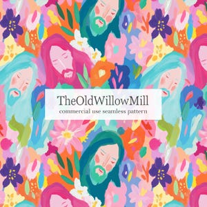 May include: Seamless pattern featuring a repeating design of stylized faces with long hair and beards, interspersed with colorful flowers. The color palette includes pink, blue, green, orange, and purple. The text "TheOldWillowMill commercial use seamless pattern" is displayed.