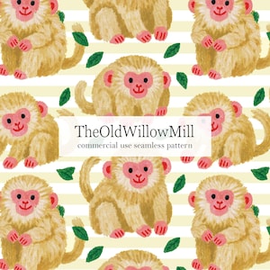 May include: A repeating pattern of watercolour monkeys in tan with pink faces and hands, and green leaves, set against a background of yellow and white stripes. The text "TheOldWillowMill commercial use seamless pattern" is visible.