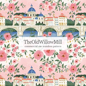 May include: A seamless pattern featuring a watercolor illustration of a European city with buildings, bridges, and pink flowers on a light pink background. The text "TheOldWillowMill commercial use seamless pattern" is displayed.