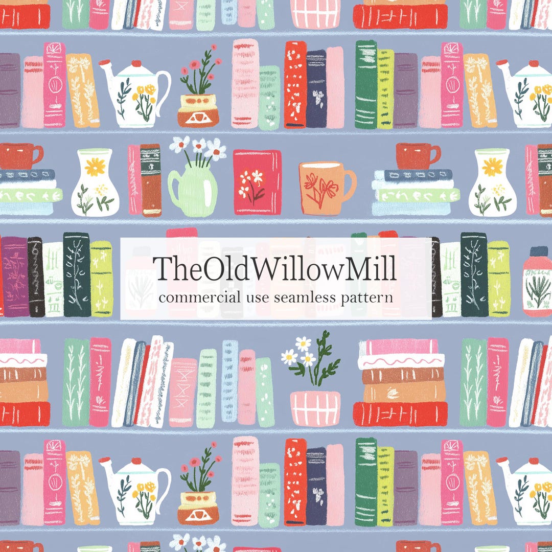 Seamless Bookshelf Pattern, Painterly Book Seamless Design, Preppy Book ...