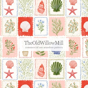 May include: A seamless pattern featuring a grid of rectangular postage stamp-style frames containing illustrations of seashells, starfish, and botanical elements in red, pink, green, and blue. The text TheOldWillowMill commercial use seamless pattern is centered.