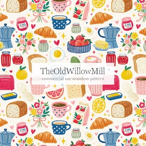 Könnte beinhalten: Ein nahtloses Muster mit Frühstückselementen wie Toast, Croissants, Eiern, Kaffeetassen und Erdbeeren. Das Design enthält den Text "TheOldWillowMill" und "commercial use seamless pattern" auf weißem Hintergrund. Herzen und Blumen.