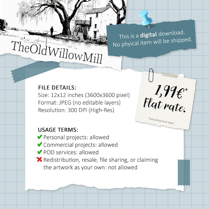 May include: Digital download of a black and white illustration of a mill by a river, with the text "TheOldWillowMill." The image is 12x12 inches (3600x3600 pixels) and is a JPEG file. The usage terms allow personal, commercial, and POD projects.