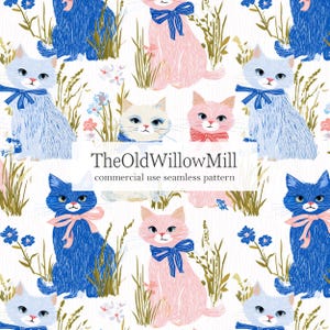 May include: Seamless pattern featuring stylized cats in shades of blue and pink, adorned with bows. The design includes floral and grass elements on a white background. The text "TheOldWillowMill commercial use seamless pattern" is also present.