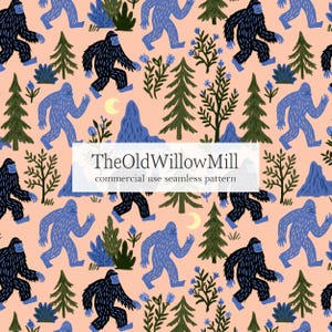 Puede incluir: Patrón sin costuras con figuras de Bigfoot en azul y negro, intercaladas con árboles, montañas y elementos florales sobre un fondo melocotón. Se muestra el texto "TheOldWillowMill commercial use seamless pattern".