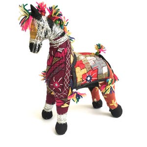 Vintage Embroidered Folk Art Horse~ Boho Textile~ Colorful horse with mirrors~ Kilim